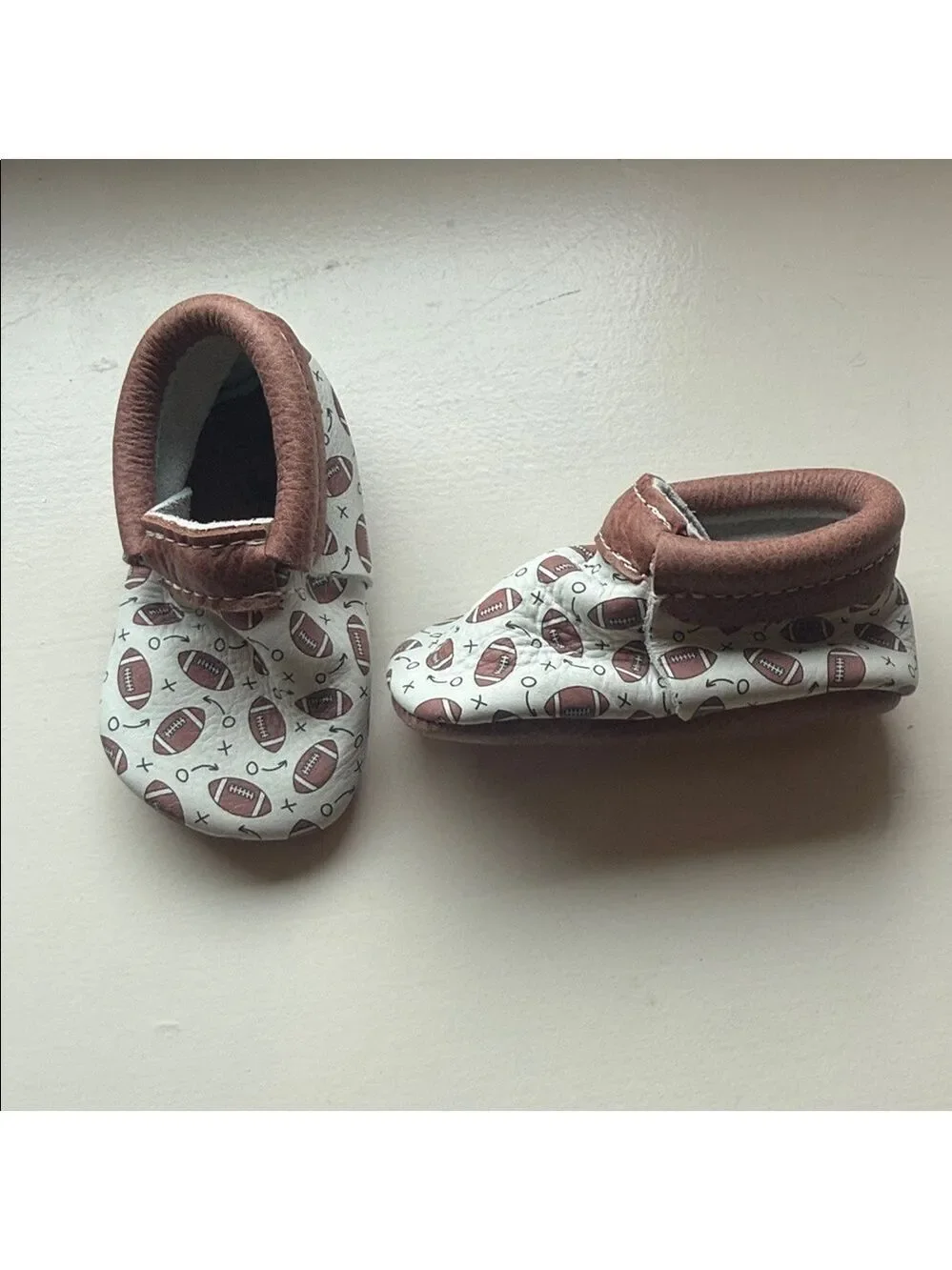 Freshly Picked Brown‎ and White Football Print Baby Shoes Size 3 NEVER WORN